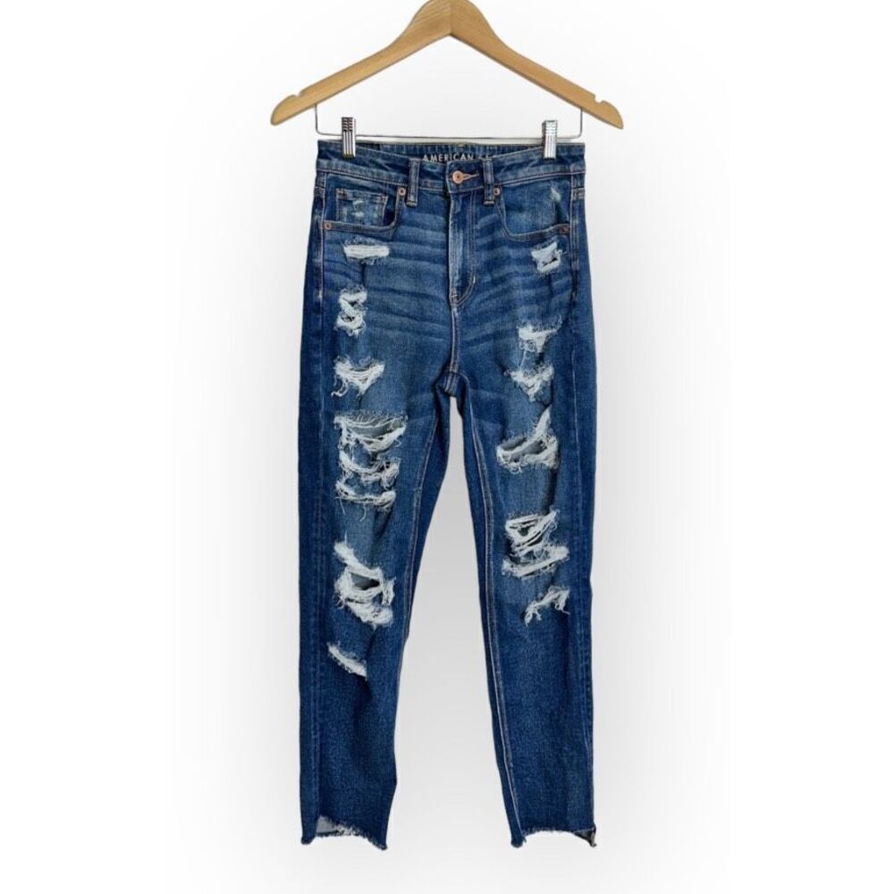 American Eagle Outfitters Blue Distressed Straight Leg Jeans
